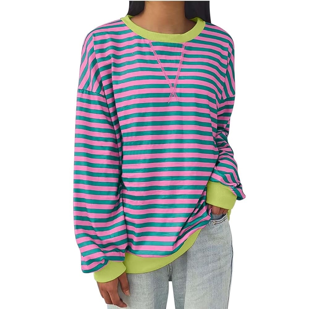 Amazon Striped Crewneck Sweater in Pink, Teal & Lime